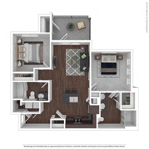 Floor plan for 2 beds, 2 baths, 968 sqft