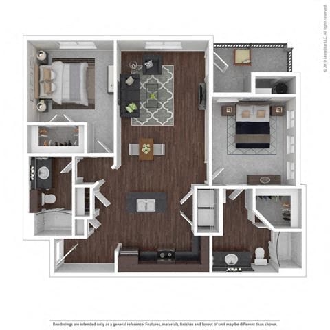 Floor plan for 2 beds, 2 baths, 1070 sqft