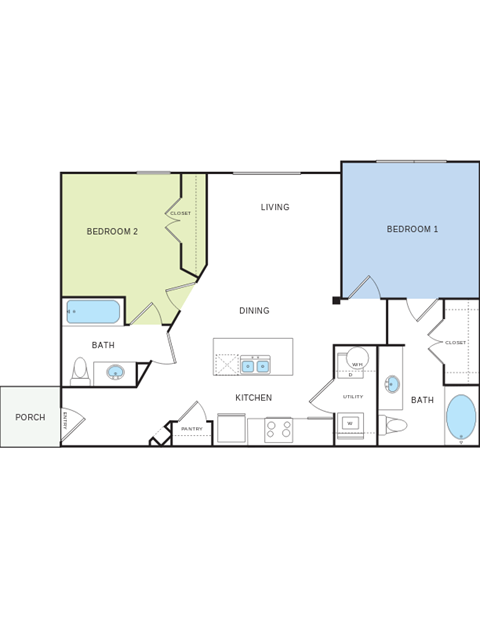 Floor plan for 2 beds, 2 baths, 952 sqft