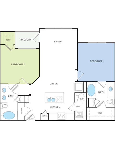 Floor plan for 2 beds, 2 baths, 1070 sqft