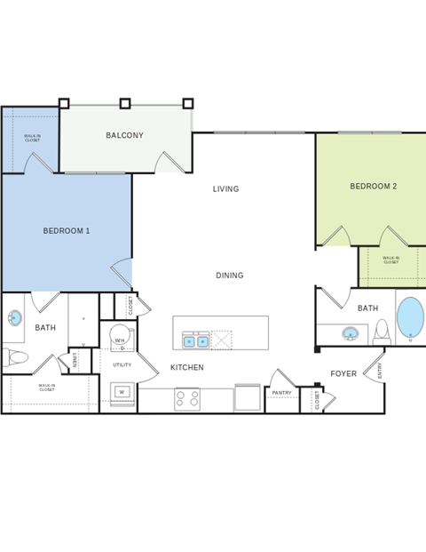 Floor plan for 2 beds, 2 baths, 1142 sqft