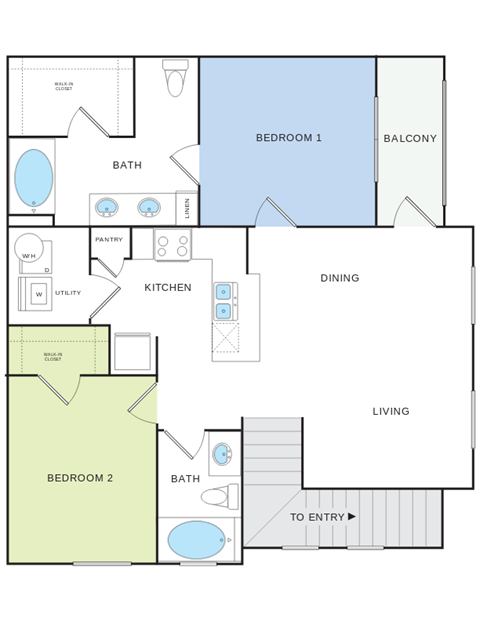 Floor plan for 2 beds, 2 baths, 1072 sqft