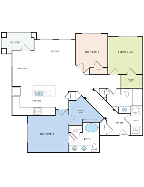 Floor plan for 3 beds, 2 baths, 1397 sqft