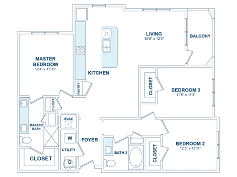 Floor plan for 3 beds, 2 baths, 1406 sqft