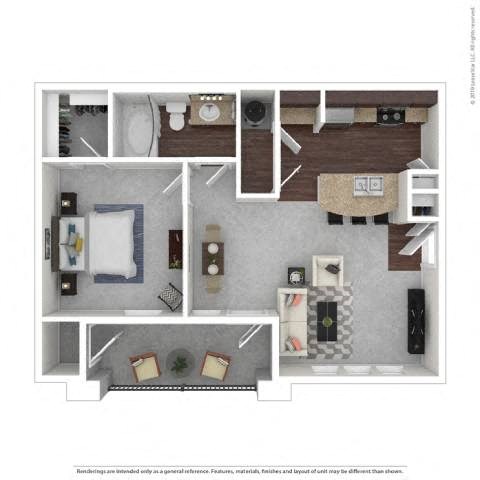 Floor plan for 1 bed, 1 bath, 635 sqft