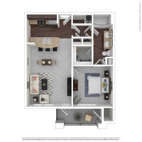 Floor plan for 1 bed, 1 bath, 730 sqft