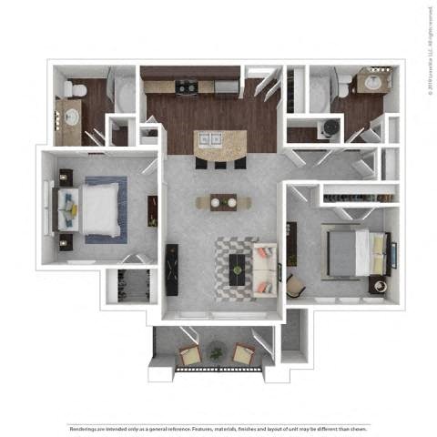 Floor plan for 2 beds, 2 baths, 969 sqft