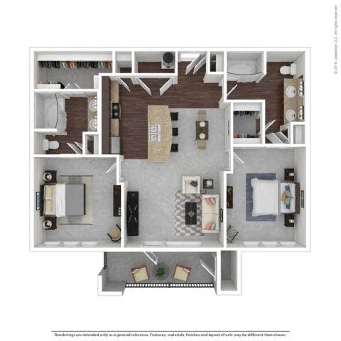 Floor plan for 2 beds, 2 baths, 1048 sqft