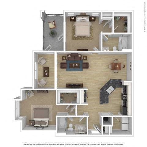 Floor plan for 2 beds, 2 baths, 1264 sqft