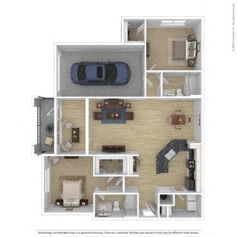 Floor plan for 2 beds, 2 baths, 1258 sqft
