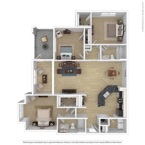 Floor plan for 3 beds, 2 baths, 1423 sqft