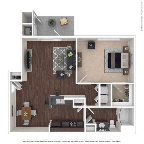Floor plan for 1 bed, 1 bath, 954 sqft