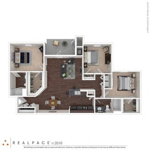 Floor plan for 3 beds, 2 baths, 1362 sqft