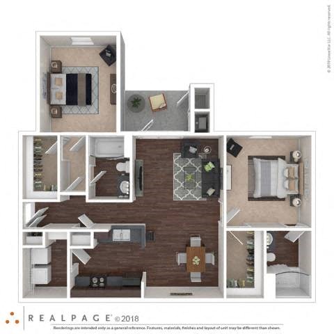 Floor plan for 2 beds, 2 baths, 1254 sqft