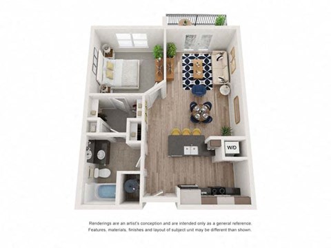 Floor plan for 1 bed, 1 bath, 711 sqft