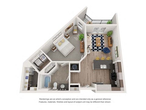 Floor plan for 1 bed, 1 bath, 714 sqft