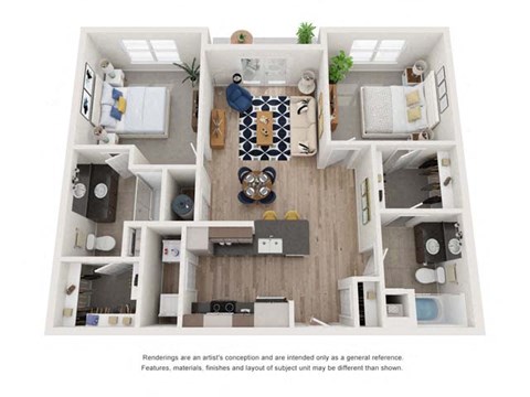 Floor plan for 2 beds, 2 baths, 1027 sqft