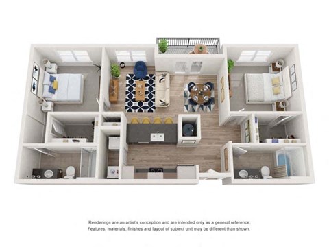 Floor plan for 2 beds, 2 baths, 1027 sqft