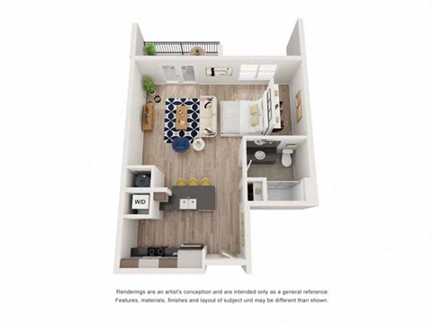 Floor plan for studio, 1 bath, 633 sqft