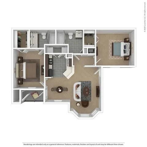 Floor plan for 2 beds, 2 baths, 987 sqft