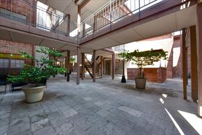 Dallas condo for rent - A courtyard with a brick wall and a tree in a pot.