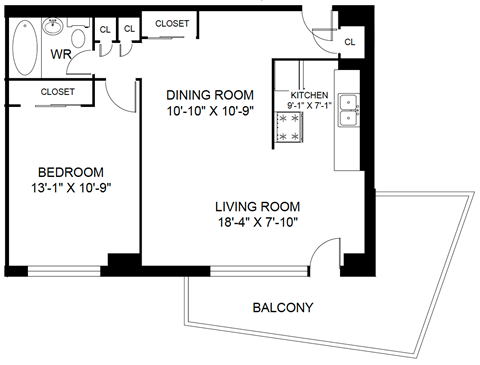 Floor plan for 1 bed, 1 bath, 757 sqft