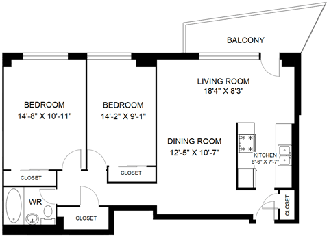 Floor plan for 2 beds, 1 bath, 959 sqft