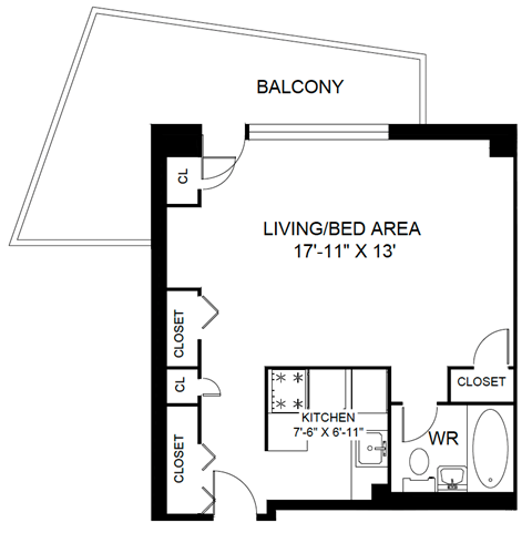 Floor plan for studio, 1 bath, 536 sqft