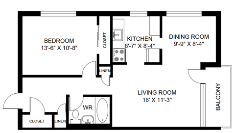 Floor plan for 1 bed, 1 bath, 789 sqft