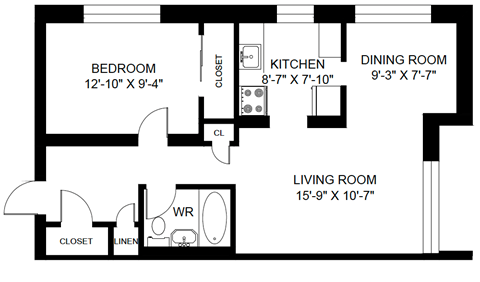 Floor plan for 1 bed, 1 bath, 734 sqft