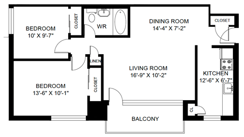 Floor plan for 2 beds, 1 bath, 849 sqft