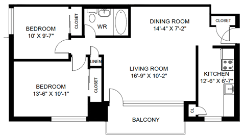 Floor plan for 2 beds, 1 bath, 902 sqft