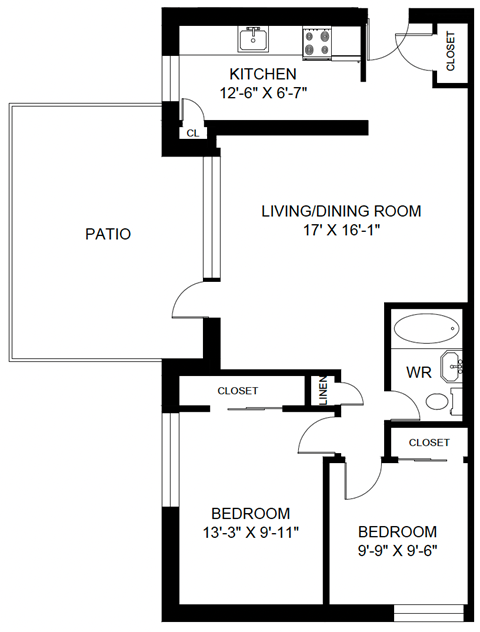 Floor plan for 2 beds, 1 bath, 1077 sqft