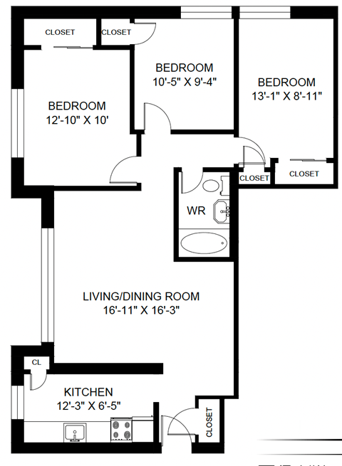 Floor plan for 3 beds, 1 bath, 995 sqft