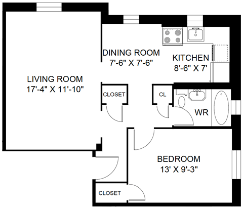 Floor plan for 1 bed, 1 bath, 760 sqft
