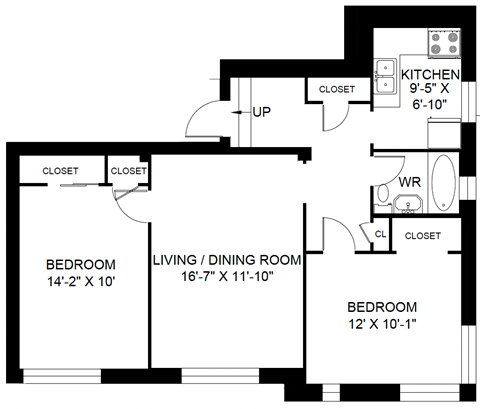 Floor plan for 2 beds, 1 bath, 845 sqft
