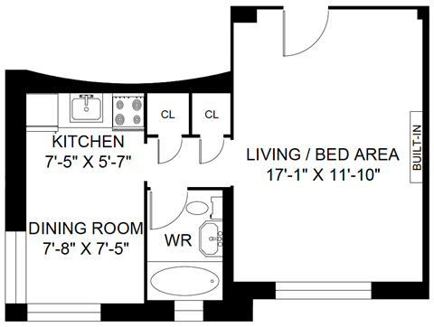 Floor plan for studio, 1 bath, 446 sqft