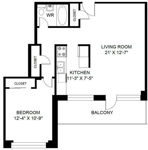 Floor plan for 1 bed, 1 bath, 614 sqft