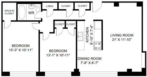 Floor plan for 2 beds, 1 bath