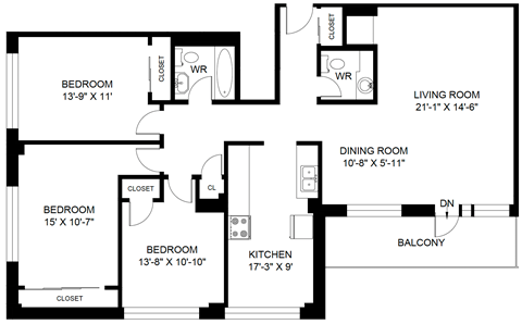 Floor plan for 3 beds, 2 baths