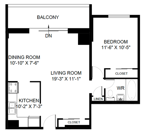 Floor plan for 1 bed, 1 bath, 761 sqft