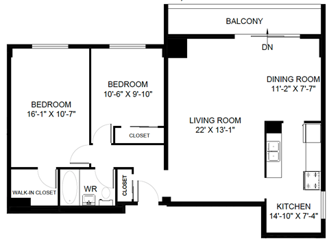 Floor plan for 2 beds, 1 bath, 1162 sqft