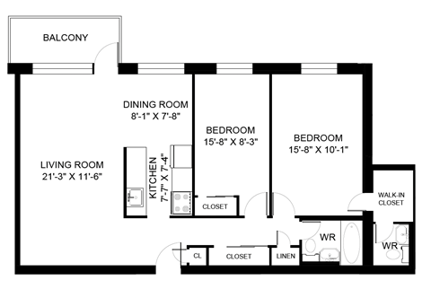 Floor plan for 2 beds, 2 baths, 1033 sqft