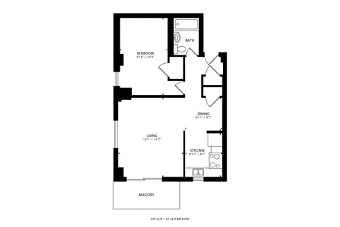 Floor plan for 1 bed, 1 bath, 725 sqft