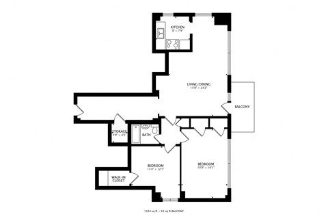 Floor plan for 2 beds, 1 bath, 833 sqft