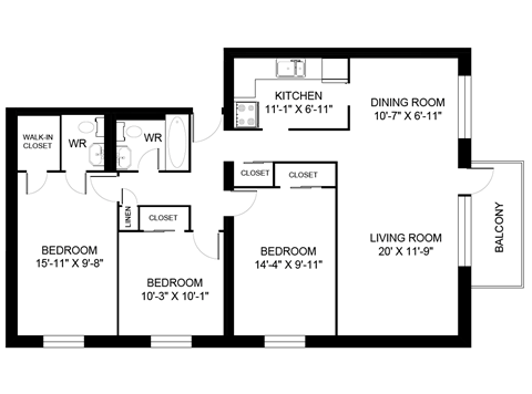 Floor plan for 3 beds, 2 baths, 1191 sqft