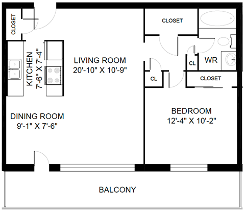 Floor plan for 1 bed, 1 bath, 874 sqft