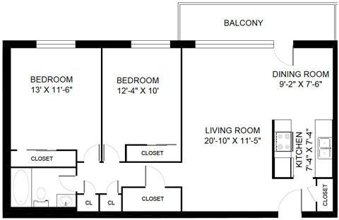 Floor plan for 2 beds, 1 bath, 1053 sqft