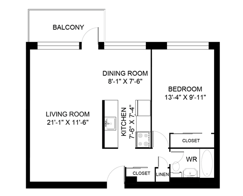 Floor plan for 1 bed, 1 bath, 765 sqft