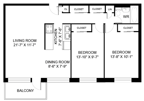 Floor plan for 2 beds, 1 bath, 977 sqft